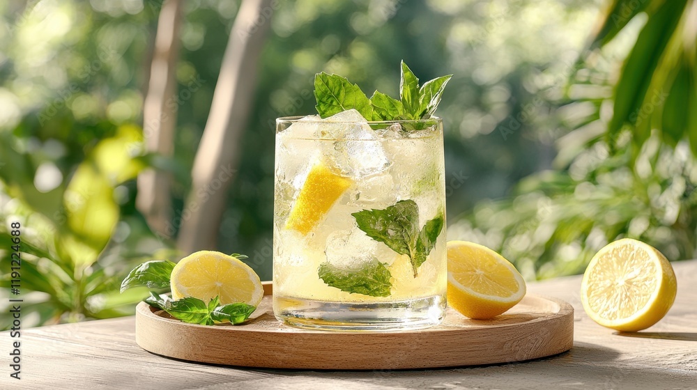 Fototapeta premium Refreshing Lemon Mint Drink with Ice and Fresh Ingredients in Natural Setting