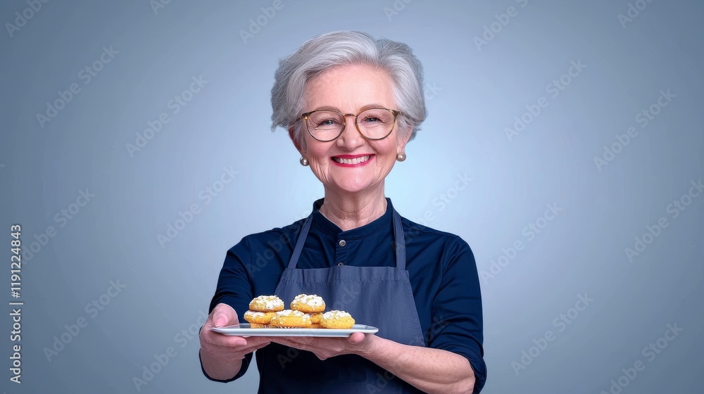 Cheerful Woman in Apron Holding Tray of Delicious Cupcakes Cheerful Woman in Apron Holding Tray of Delicious Cupcakes