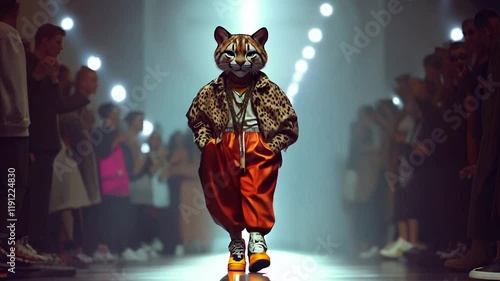 Fashion Show with Stylish Anthropomorphic Cat on Runway