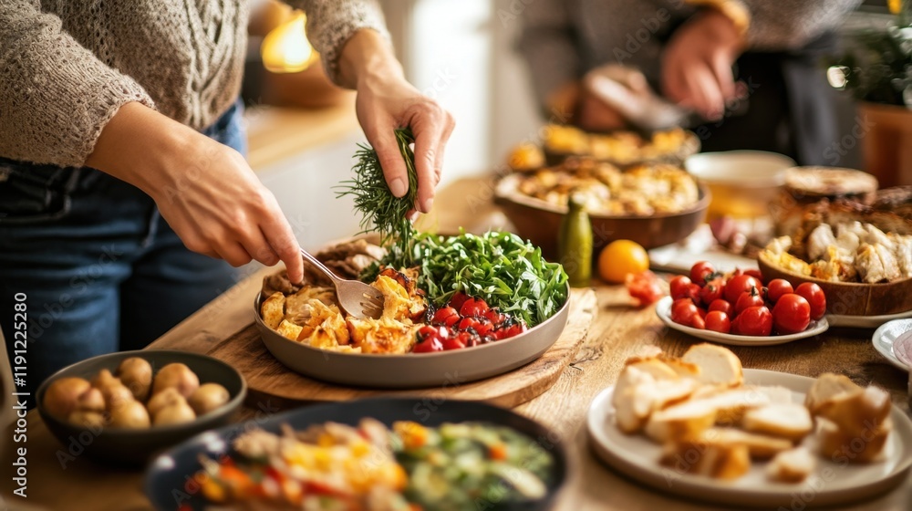 Hands arranging garnishes on a plate of freshly prepared food in a warm and homey kitchen. Hands arranging garnishes on a plate of freshly prepared food in a warm and homey kitchen.