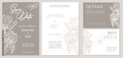 Elegant Wedding Invitation, Save the Date template with RSVP, Details cards. Minimalist botanical stylish Wedding Invitation set, trendy iris flower line art in neutral gray color Vector illustration.
