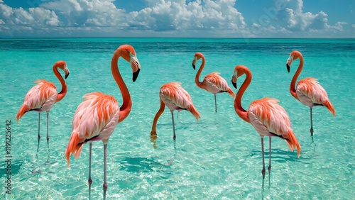 flamingos standing in crystal-clear turquoise water. photo