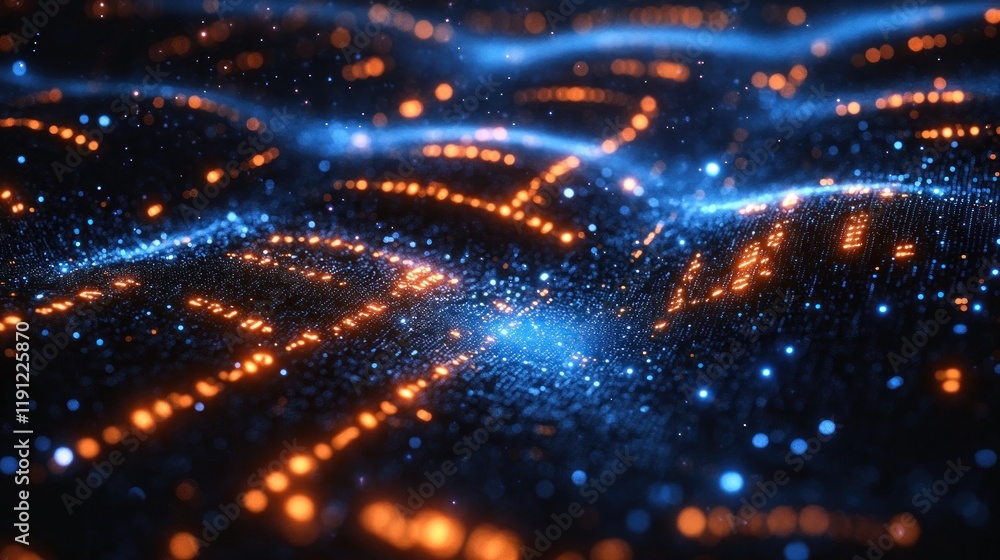 Fototapeta premium Abstract blue and orange glowing particle waves.