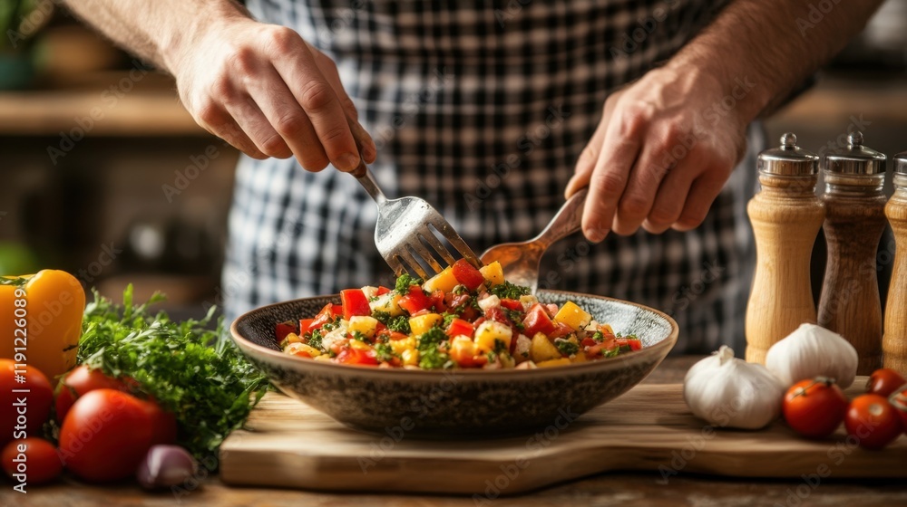 Hands preparing a colorful salad in a bowl, surrounded by fresh vegetables and a rustic kitchen backdrop. Hands preparing a colorful salad in a bowl, surrounded by fresh vegetables and a rustic kitchen backdrop.