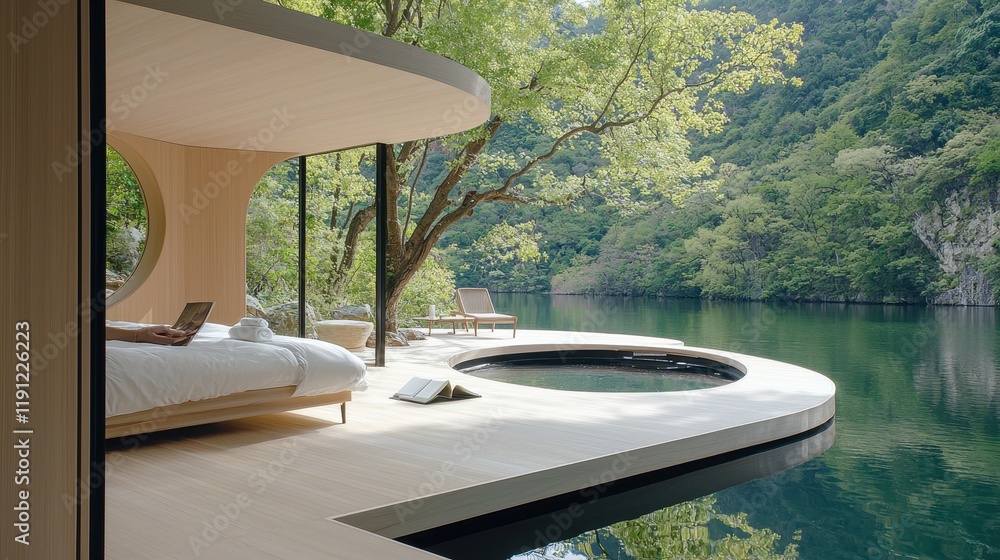 Fototapeta premium Serene Lakeside Retreat with Modern Architecture and Natural Surroundings