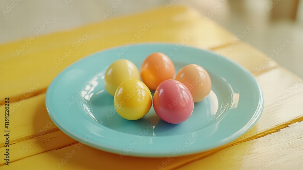 Pastel Easter Eggs: A cluster of vibrantly colored pastel Easter eggs, a symphony of yellow, pink, and orange, rest on a teal blue plate, a subtle and cheerful springtime vignette. Pastel Easter Eggs: A cluster of vibrantly colored pastel Easter eggs, a symphony of yellow, pink, and orange, rest on a teal blue plate, a subtle and cheerful springtime vignette.