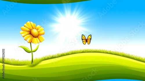 Vibrant Spring Scene with Yellow Flower and Butterfly in Green Landscape