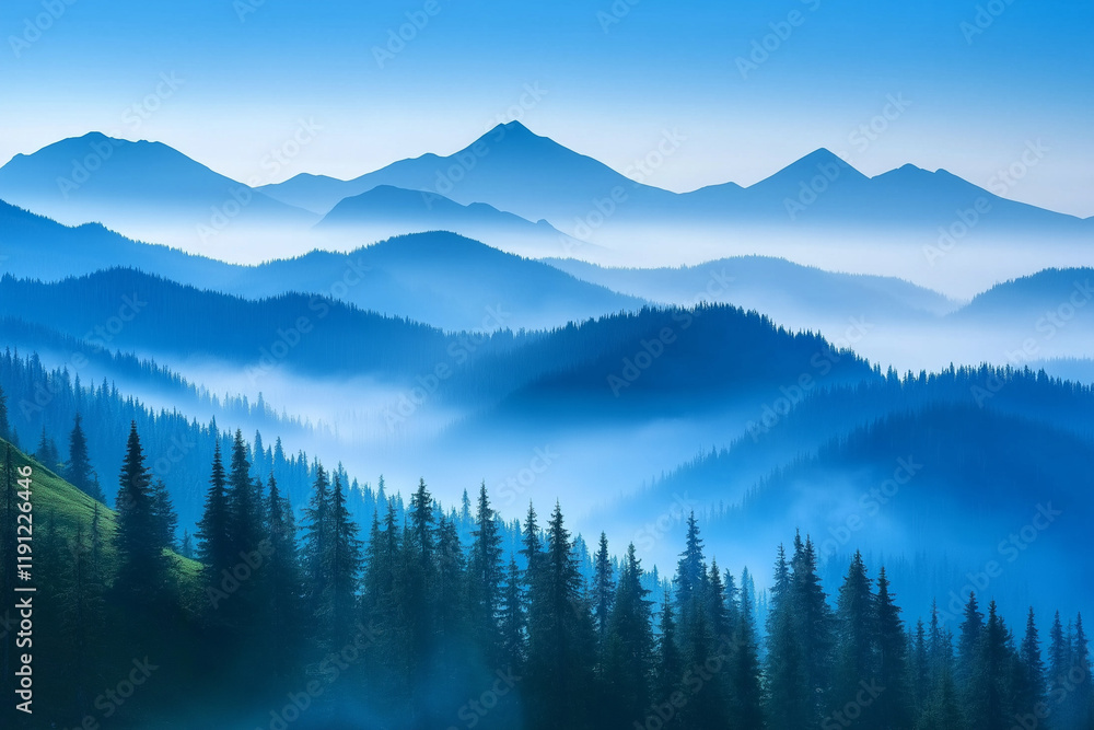 Obraz premium Majestätische hügelige Landschaft mit sanften Nebelschichten und Bergen im Hintergrund