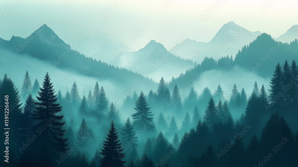 Obraz premium Majestätische hügelige Landschaft mit sanften Nebelschichten und Bergen im Hintergrund