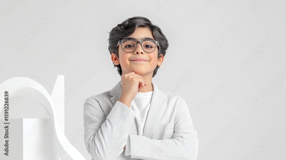 Thoughtful Boy in Thinking Pose with Hand on Chin Thoughtful Boy in Thinking Pose with Hand on Chin
