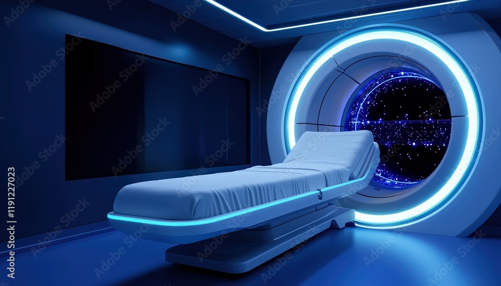 Futuristic medical room with glowing elements and a view of stars, ideal for science fiction themes. Futuristic medical room with glowing elements and a view of stars, ideal for science fiction themes.