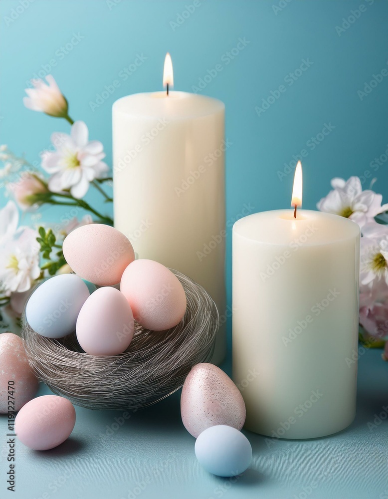 custom made wallpaper toronto digitalGenerated image White candles with pastel Easter eggs and spring flowers on a soft blue background