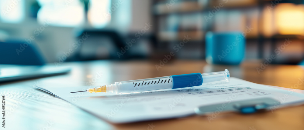 close up of syringe placed on document on wooden table, with blurred background suggesting medical or office setting close up of syringe placed on document on wooden table, with blurred background suggesting medical or office setting