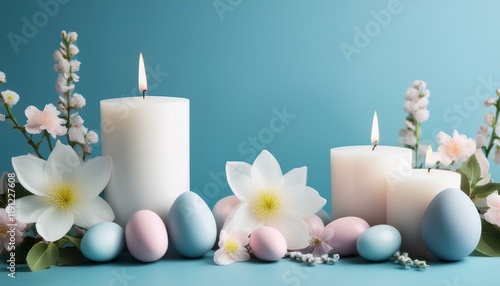 Wallpaper Mural Generated image White candles with pastel Easter eggs and spring flowers on a soft blue background Torontodigital.ca