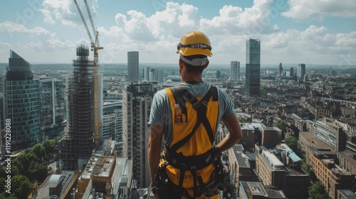 Worker Surveys Cityscape From High Rise Construction Site photo