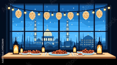 Elegant Ramadan Table Setting with Lanterns and Scenic Background