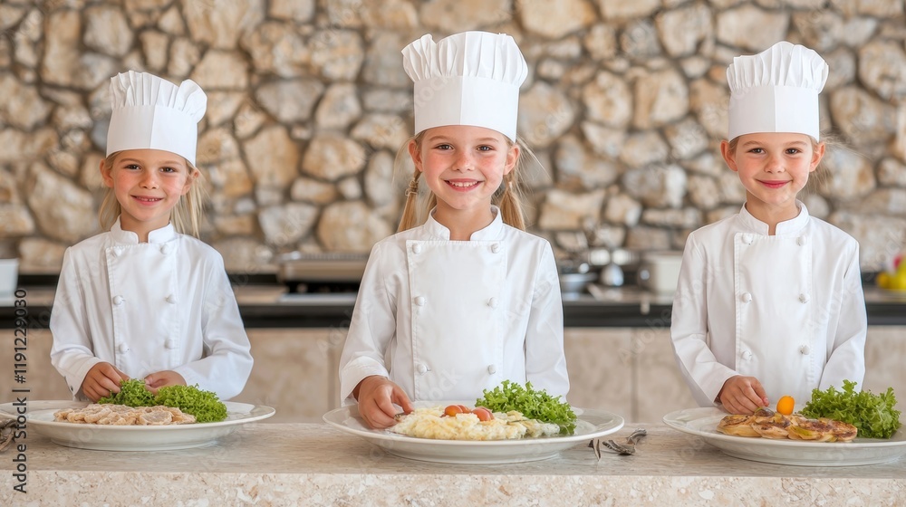 Happy Children Chefs Sharing Smiles While Cooking Together Happy Children Chefs Sharing Smiles While Cooking Together