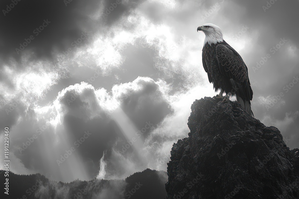 Fototapeta premium Majestic eagle perched atop dark rock, stormy sky.