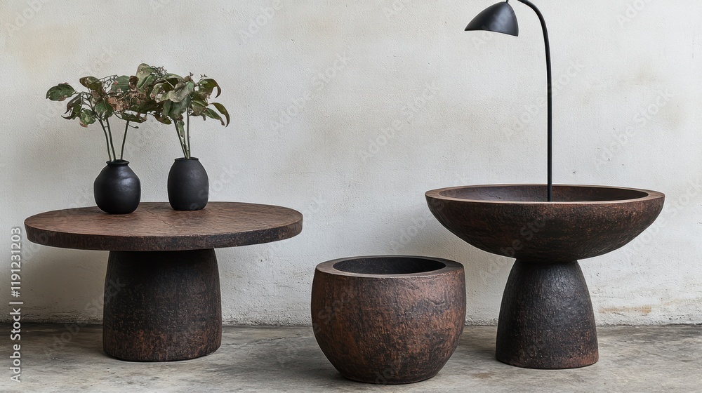 Modern furniture arrangement with planters and lamp. Modern furniture arrangement with planters and lamp.