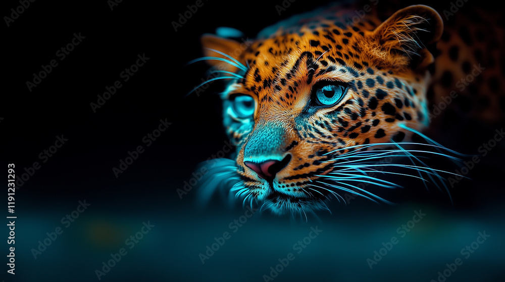 Obraz premium Leopard moves gracefully through the night, illuminated by a canopy of stars in a serene wilderness setting