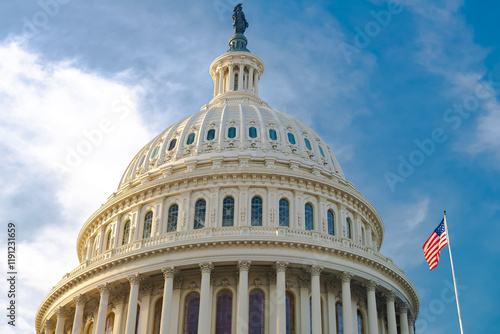 view of the Capitol dome and columns and the national flag in Washington, D.C., USA.