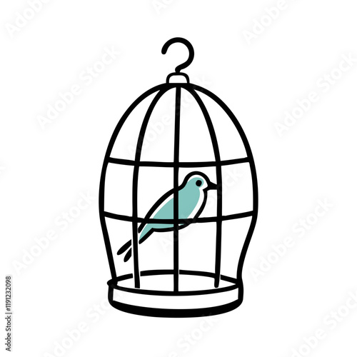 Stylish birdcage with a colorful bird inside, charming and whimsical design, decorative element, copy space