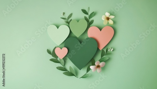 Blue valentine's day card design with layered hearts in a minimalist green environment photo