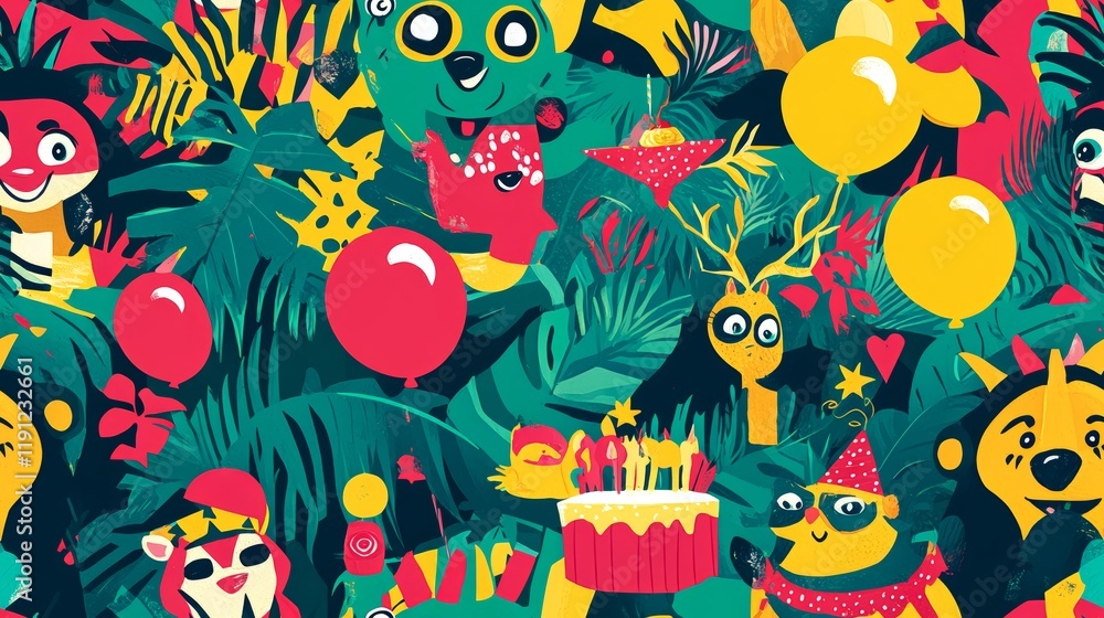 Fototapeta premium Colorful Cartoon Animals Celebrating Birthday Party in Jungle Setting