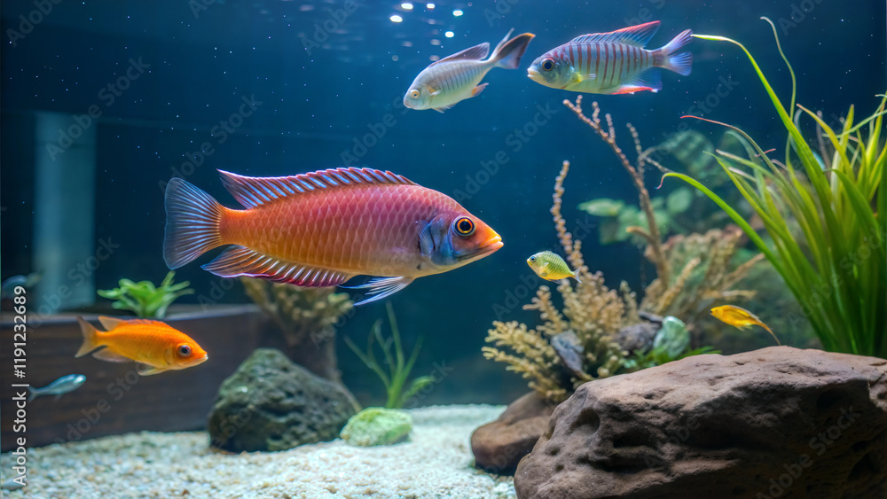 Fototapeta premium Vibrant aquarium scene featuring colorful fish swimming among plants and rocks, serene underwater atmosphere, copy space