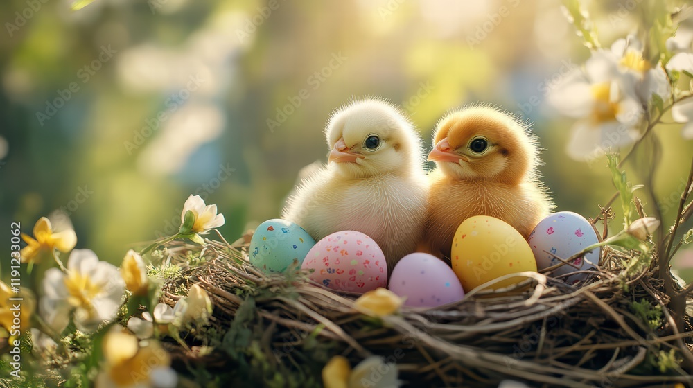Easter Chicks in Nest: Two adorable fluffy chicks nestled amongst pastel Easter eggs in a rustic bird's nest, surrounded by blooming spring flowers. A heartwarming springtime scene. Easter Chicks in Nest: Two adorable fluffy chicks nestled amongst pastel Easter eggs in a rustic bird's nest, surrounded by blooming spring flowers. A heartwarming springtime scene.