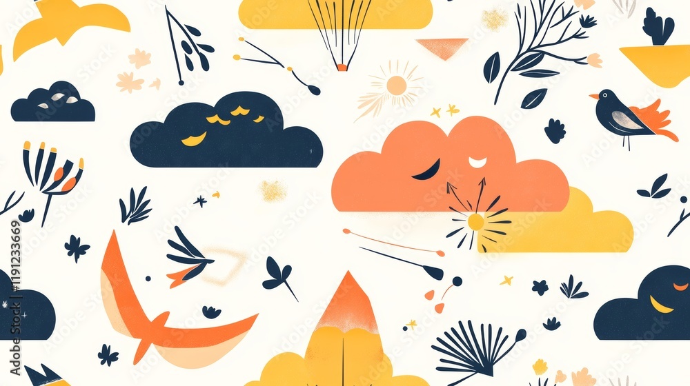 Naklejka premium Charming Illustrations of Kites and Clouds in Whimsical Style