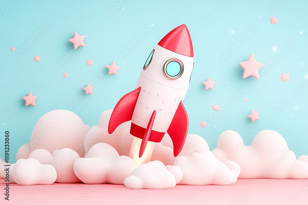 A vibrant rocket blasts off amidst soft, fluffy clouds and pastel stars, creating a playful atmosphere perfect for children's stories or imaginative designs A vibrant rocket blasts off amidst soft, fluffy clouds and pastel stars, creating a playful atmosphere perfect for children's stories or imaginative designs