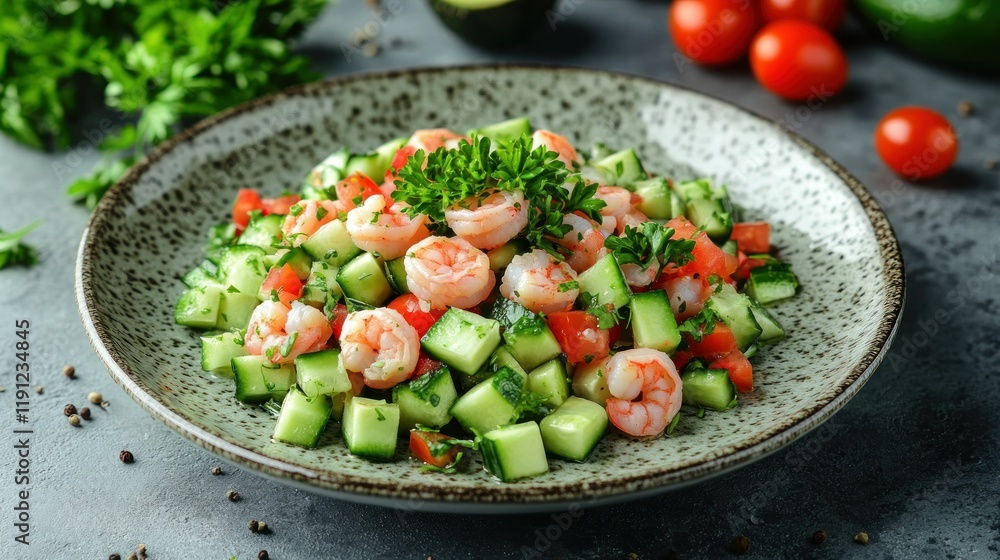 Fresh shrimp and cucumber salad with herbs and tomatoes. Fresh shrimp and cucumber salad with herbs and tomatoes.