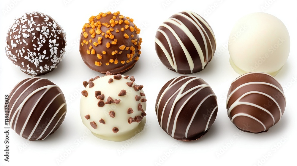 Assorted Gourmet Chocolate Truffles on White Background for Sweet Treat Lovers Assorted Gourmet Chocolate Truffles on White Background for Sweet Treat Lovers