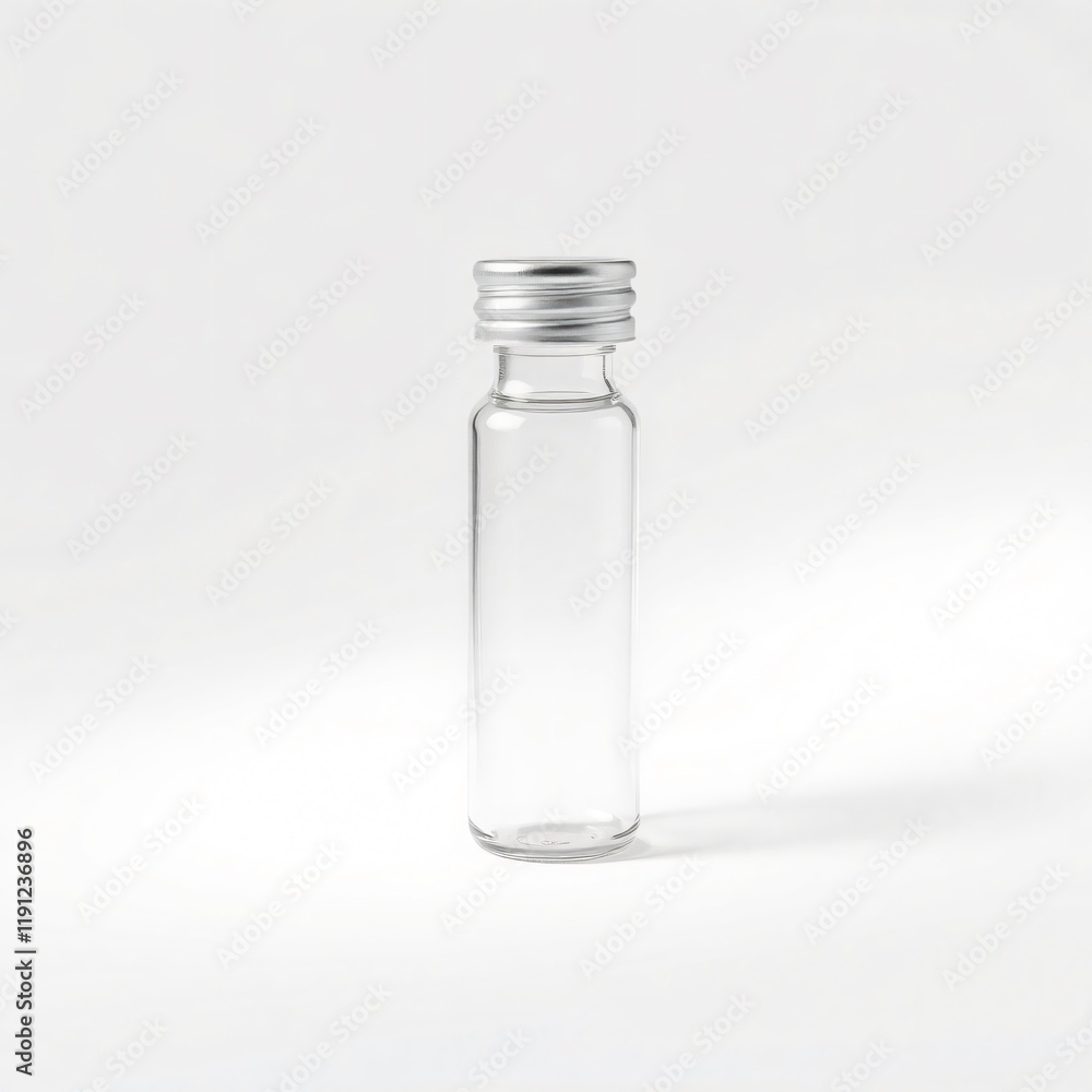 Empty Glass Vial with Silver Cap on White Background Empty Glass Vial with Silver Cap on White Background
