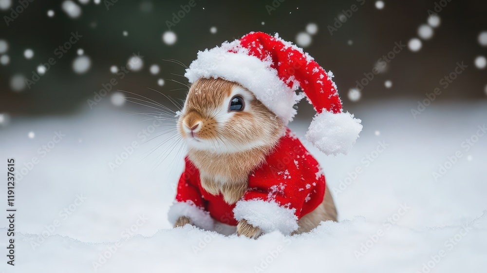 Adorable Rabbit in a Santa Costume Surrounded by Snow Adorable Rabbit in a Santa Costume Surrounded by Snow