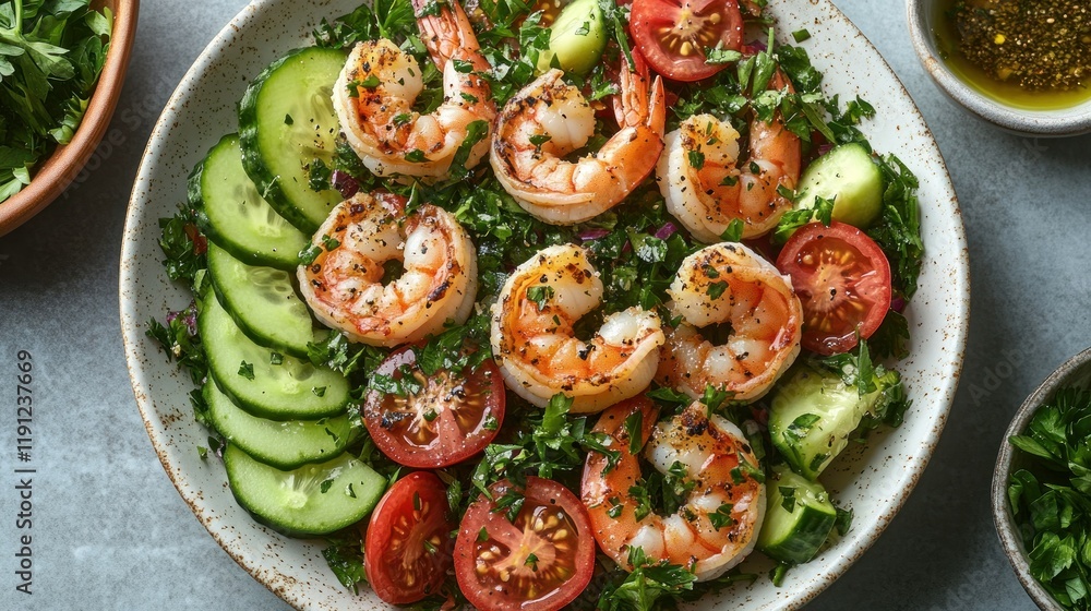 Fresh shrimp salad with vegetables and herbs. Fresh shrimp salad with vegetables and herbs.