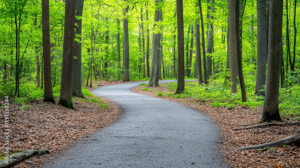 Winding Forest Path Through Lush Green Trees Winding Forest Path Through Lush Green Trees