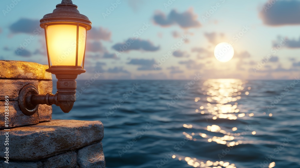 Obraz premium Serene Seaside Scene with Lantern Illuminating Ocean at Sunset