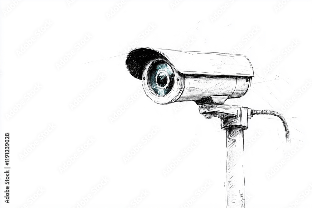 Simple drawing of a security camera mounted on a pole, designed to observe the surroundings for safety and monitoring purposes Simple drawing of a security camera mounted on a pole, designed to observe the surroundings for safety and monitoring purposes