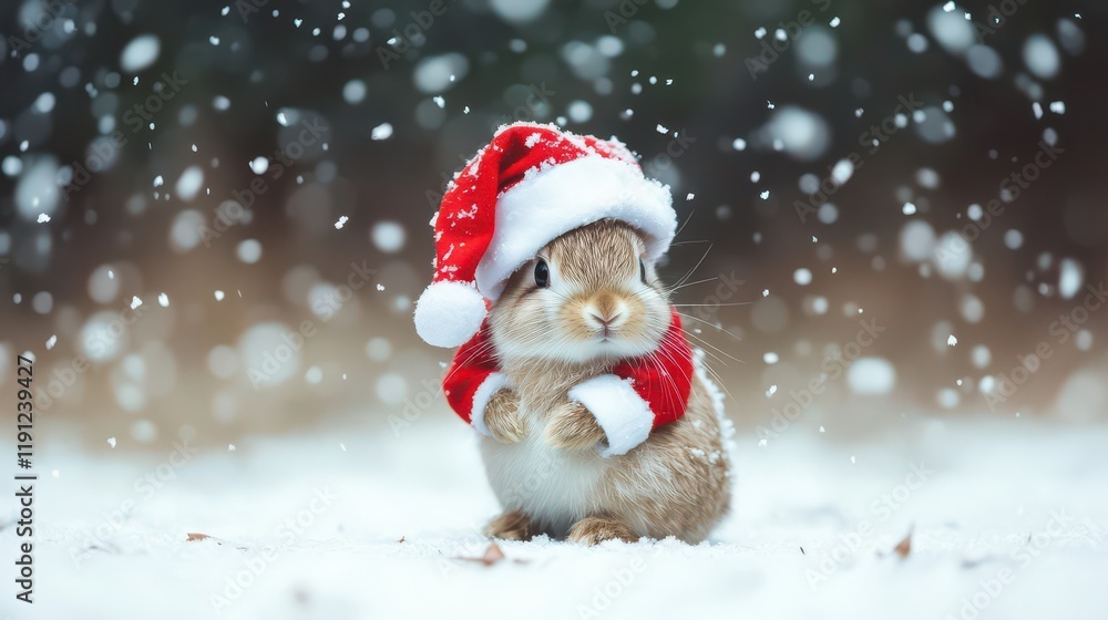 Adorable Rabbit in Santa Hat Surrounded by Snow Adorable Rabbit in Santa Hat Surrounded by Snow