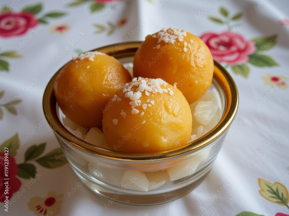 Delicious Golden Motichoor Ladoo Indian Sweets in Glass Bowl Delicious Golden Motichoor Ladoo Indian Sweets in Glass Bowl