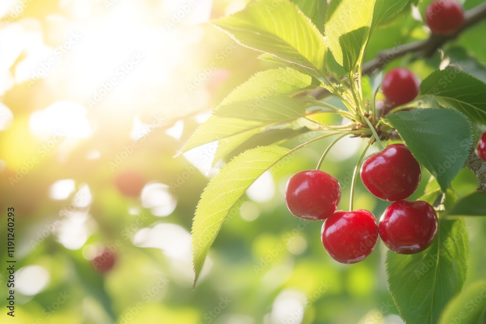Obraz premium Cherry Orchard. Fresh Cherries Growing on Tree On Blurred Green Leaves Natural Bokeh Background. Closeup of Ripe Red Cherry Fruits Cluster Hanging on Branch. Berry Harvest. Summer Crop. Sweet Cherry