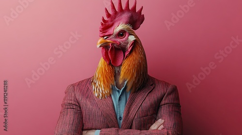 Man with rooster head in suit, arms crossed, pink background. photo