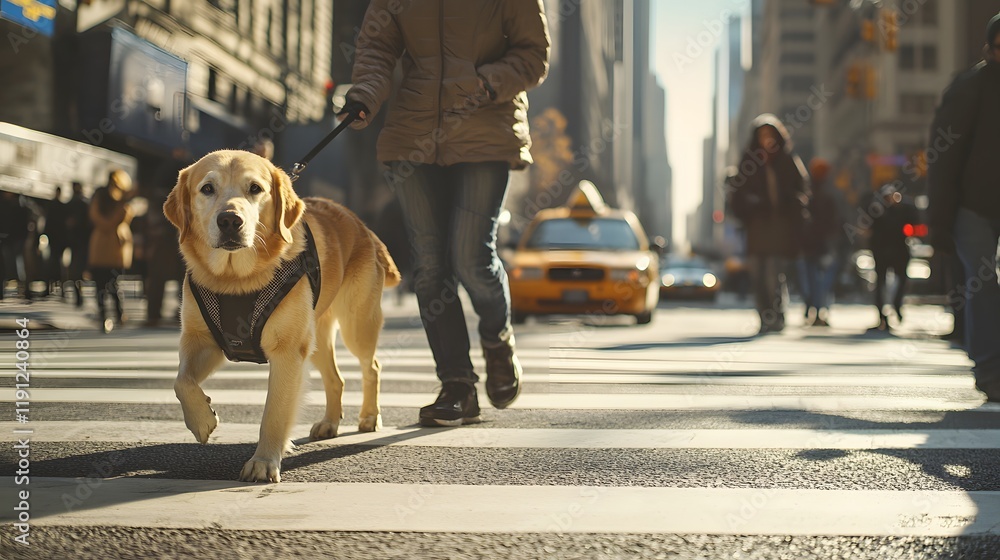 Loyal Golden Retriever guiding its owner with ease through bustling urban area. Vital work of service dogs and incredible impact on independence and mobility Loyal Golden Retriever guiding its owner with ease through bustling urban area. Vital work of service dogs and incredible impact on independence and mobility