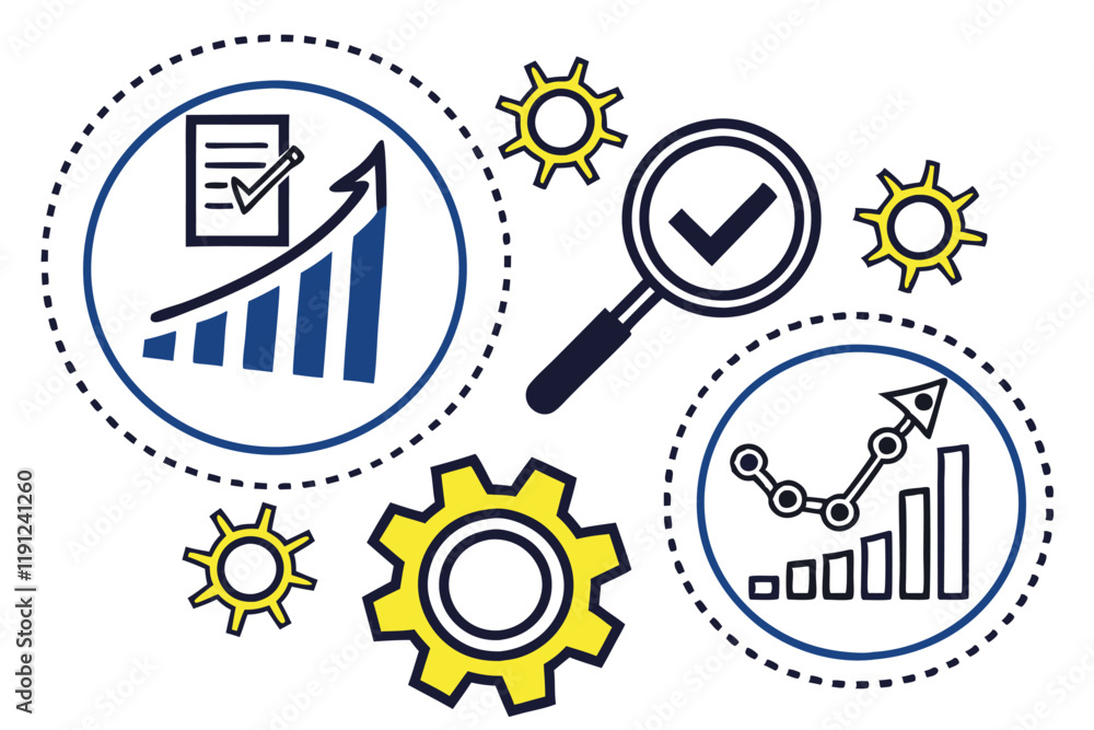 Icon set, analytics report, magnifying glass, gear with checkmark, line graph, bar chart, data visualization, business intelligence, vector graphics, flat design, blue and yellow accents, black outlin Icon set, analytics report, magnifying glass, gear with checkmark, line graph, bar chart, data visualization, business intelligence, vector graphics, flat design, blue and yellow accents, black outlin