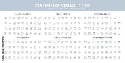 Digital devices, cyber security, web application line icon set. Software, mobile app for vlogging and blogging, multimedia content creation, broadcasting thin black outline symbols vector illustration