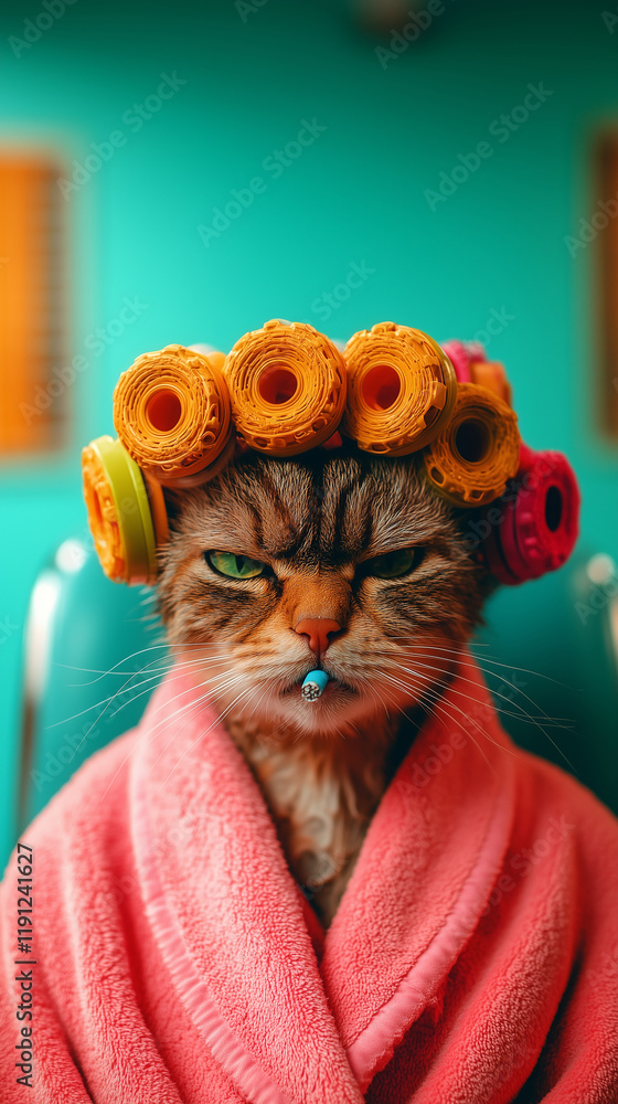 Fototapeta premium Angry cat in a pink bathrobe wears curlers and shows its displeasure in a bright room setting