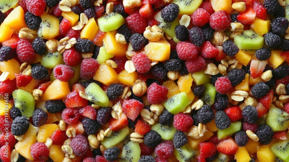 A Colorful Mixture Of Fresh Frozen Fruit And Nuts A Colorful Mixture Of Fresh Frozen Fruit And Nuts