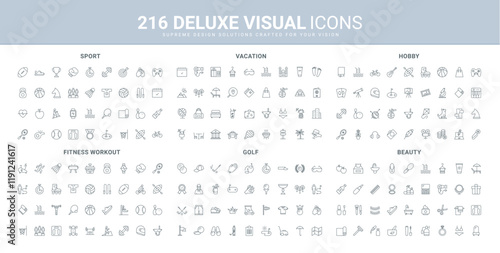 Sport training and fitness workout, beauty cosmetics, travel and tourism line icon set. Hobby and reading, shopping, attractions and vacation tour thin black outline symbols vector illustration